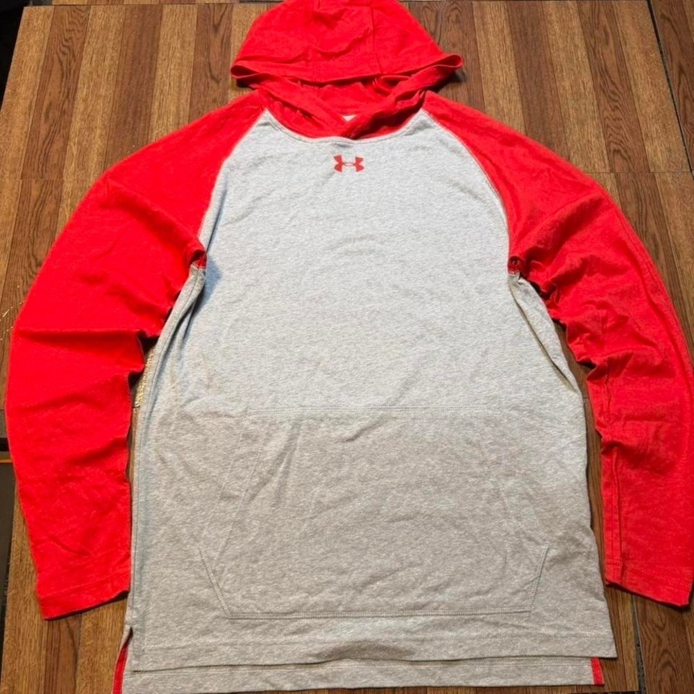 Under Armour Grey Red Heat Tech Retro Hoodie Sleeve Shirt Small